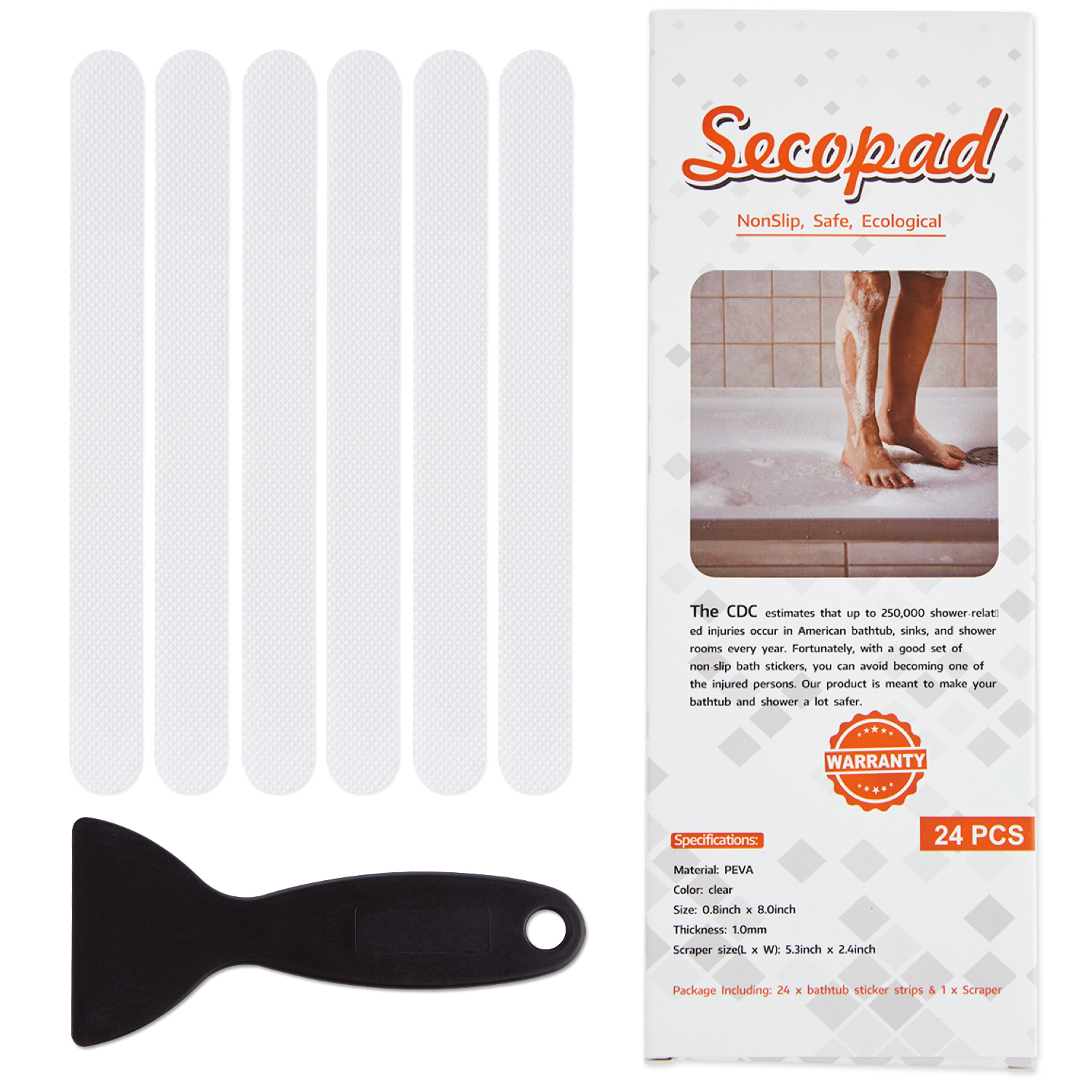 Secopad Non-Slip Bathtub Stickers 24 PCS Safety Bathroom Tubs