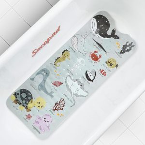 Secopad Cartoon Baby Bath Mat, Kids Bathtub Mat Non Slip for Toddler Bath Shower Anti Slip, Bath Tub Mat with Drain Holes and Suction Cups Machine Washable - Greige Sea Animals