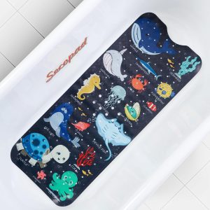 Secopad Cartoon Baby Bath Mat, Kids Bathtub Mat Non Slip for Toddler Bath Shower Anti Slip, Bath Tub Mat with Drain Holes and Suction Cups Machine Washable - Navy Sea Animals