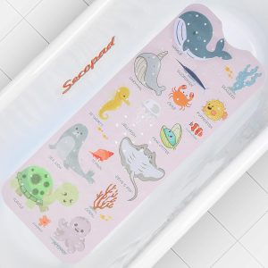 Secopad Cartoon Baby Bath Mat, Kids Bathtub Mat Non Slip for Toddler Bath Shower Anti Slip, Bath Tub Mat with Drain Holes and Suction Cups Machine Washable - Pink Sea Animals