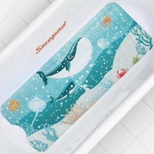 Secopad Cartoon Baby Bath Mat, Kids Bathtub Mat Non Slip for Toddler Bath Shower Anti Slip, Bath Tub Mat with Drain Holes and Suction Cups Machine Washable - Whales