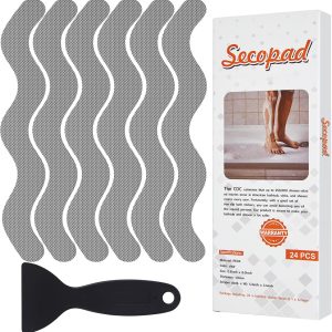 Secopad Anti Slip Shower Stickers, Adhesive Decals Safety Strips with Scraper for Bath Tub, Shower Floor, Stairs, 24 Pieces - Grey