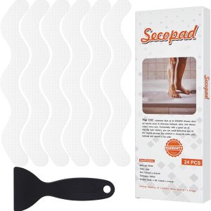 Secopad Anti Slip Shower Stickers, Adhesive Decals Safety Strips with Scraper for Bath Tub, Shower Floor, Stairs, 24 Pieces - White