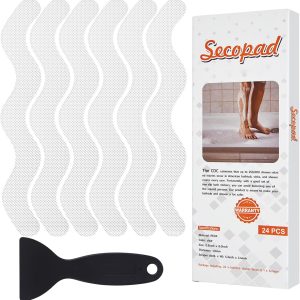 Secopad Anti Slip Shower Stickers, Adhesive Decals Safety Strips with Scraper for Bath Tub, Shower Floor, Stairs, 24 Pieces