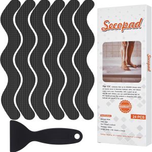 Secopad Anti Slip Shower Stickers, Adhesive Decals Safety Strips with Scraper for Bath Tub, Shower Floor, Stairs, 24 Pieces - Black
