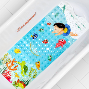 Baby Bath Mat for Tub for Kids, Non Slip Cartoon Bath Tub Shower Mat Anti Slip with Drain Holes and Suction Cups Machine Washable - Swimming Kids
