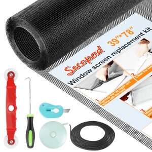Secopad Window Screens Replacement Repair Kit, Screen Door Mesh Replacement Kit, Durable Fiberglass Mesh Roll with Tools for Windows Doors Patio and Porch - 39INX78IN, Black