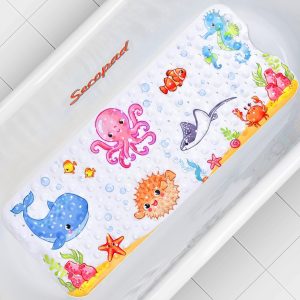 Secopad Kids Bath Mat for Tub Non Slip, 40 X 16 Inch Large Cartoon Anti Slip Toddler Baby Bathtub Mat - Pink Octopus, Right Drain