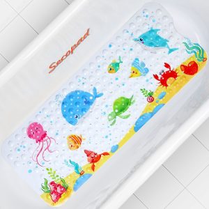 Secopad Kids Bath Mat for Tub Non Slip, 40 X 16 Inch Large Cartoon Anti Slip Toddler Baby Bathtub Mat - White Latus, Right Drain