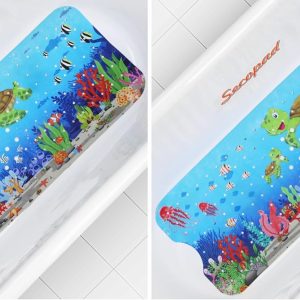 Secopad Baby Bath Mat, Cartoon Kids Bathtub Mat Non Slip for Toddler Bath Shower Anti Slip, 40In X 16In with Drain Holes and Suction Cups Machine Washable - Turtles, 40" x 16" (Rectangular) (Pack of 2)