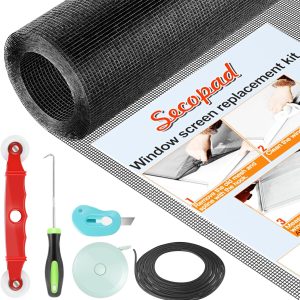 Secopad Window Screens Replacement Repair Kit, Screen Door Mesh Replacement Kit, Durable Fiberglass Mesh Roll with Tools for Windows Doors Patio and Porch - 48in x 177in, Black