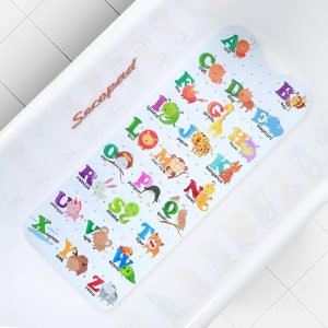 Secopad Baby Bath Mat, Cartoon Kids Bathtub Mat Non Slip for Toddler Bath Shower Anti Slip, 40In X 16In with Drain Holes and Suction Cups Machine Washable - Alphabet and Animals, 40" x 16" (Rectangular)
