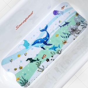 Secopad Baby Bath Mat, Cartoon Kids Bathtub Mat Non Slip for Toddler Bath Shower Anti Slip, 40In X 16In with Drain Holes and Suction Cups Machine Washable - Blue Dolphine, 40" x 16" (Rectangular)