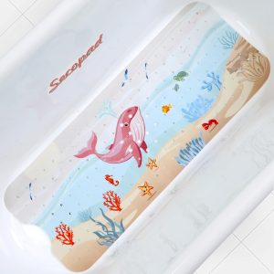 Secopad Baby Bath Mat, Cartoon Kids Bathtub Mat Non Slip for Toddler Bath Shower Anti Slip, 40In X 16In with Drain Holes and Suction Cups Machine Washable - Rosy Whale, 40" x 16" (Rectangular)