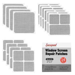 Secopad Window Screen Patches Repair Kit, Black/Grey Window Screen Repair Kit for Mesh Screen Door, Strong Adhesive Fiberglass Quick Screen Repair Tape - 4IN x 4IN+5IN x 7IN(Pack of 2), Black