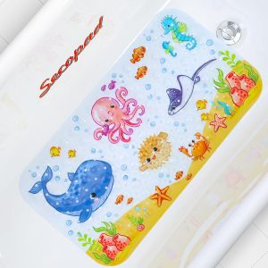 Secopad Bath Mat for Tub Non Slip, Machine Washable Anti-Slip Cartoon Baby Bathtub Shower Mat with Drain Holes and Suction Cups for Toddler & Kids, 40 Inch x 16 Inch-Rectangular