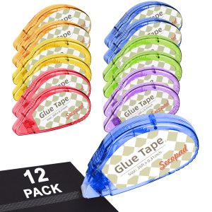 Secopad Scrapbook Tape, Double Sided Tape for Crafts, Adhesive Glue Runner for Scrapbooking Journaling Supplies, Glue Roller for Kids and Adults School Office Teacher Supplies, 0.3IN x 26FT - Clear Colored Shell, 12Pack