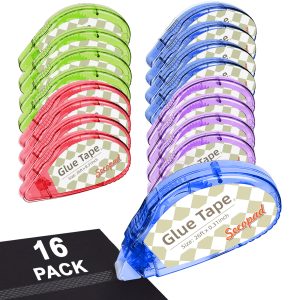 Secopad Scrapbook Tape, Double Sided Tape for Crafts, Adhesive Glue Runner for Scrapbooking Journaling Supplies, Glue Roller for Kids and Adults School Office Teacher Supplies, 0.3IN x 26FT - Clear Colored Shell, 16Pack