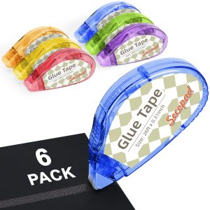 Secopad Scrapbook Tape, Double Sided Tape for Crafts, Adhesive Glue Runner for Scrapbooking Journaling Supplies, Glue Roller for Kids and Adults School Office Teacher Supplies, 0.3IN x 26FT - Clear Colored Shell, 6Pack